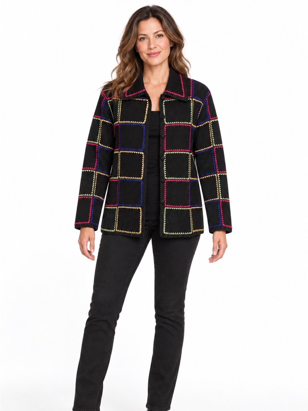 S.M.N. Boutique Black Leather Jacket Colorful Whipstitch Western